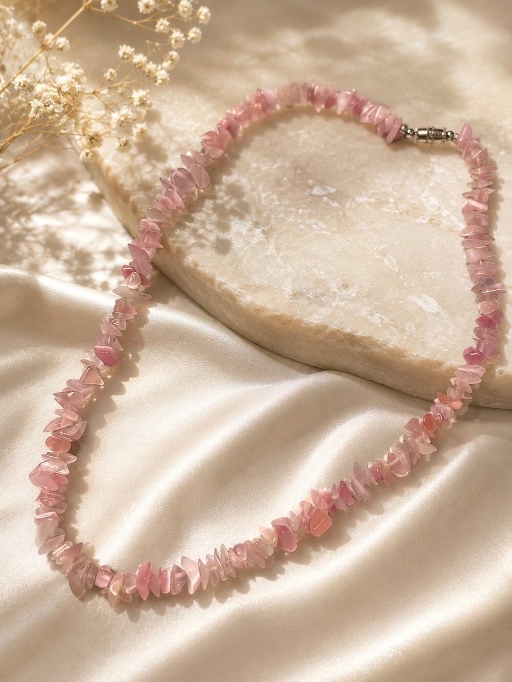 Pink Rose Quartz Chip Stone Necklace Natural Gemstone Beaded Necklace